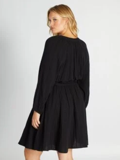 Vestido De Manga Larga De Gasa De Algodón - Negro -Zalaris Tienda vestido de manga larga de gasa de algodon negro ayd18 1 frb3