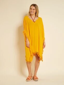 Vestido De Playa Vaporoso Con Pompones - AMARILLO