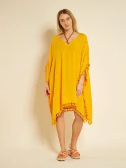Vestido De Playa Vaporoso Con Pompones - AMARILLO -Zalaris Tienda vestido de playa vaporoso con pompones amarillo zs036 2 frb4