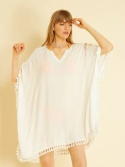 Vestido De Playa Vaporoso Con Pompones - Blanco -Zalaris Tienda vestido de playa vaporoso con pompones blanco zs036 1 frb4