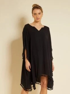Vestido De Playa Vaporoso Con Pompones - Negro -Zalaris Tienda vestido de playa vaporoso con pompones negro zs036 3 frb3
