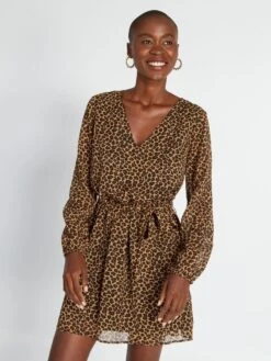 Vestido Estampado Con Cinturón Anudable - Beige