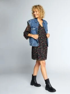 Vestido Estampado Con Cinturón Anudable - Negro Floral -Zalaris Tienda vestido estampado con cinturon anudable negro floral adz80 1 frb2