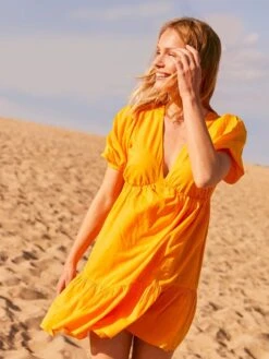 Vestido Evasé Con Volantes De Gasa De Algodón - AMARILLO -Zalaris Tienda vestido evase con volantes de gasa de algodon amarillo adz74 1 frb2