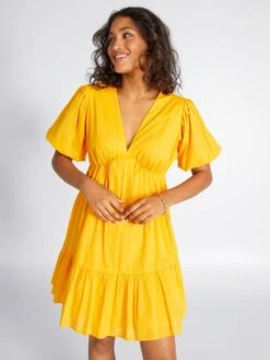 Vestido Evasé Con Volantes De Gasa De Algodón - AMARILLO -Zalaris Tienda vestido evase con volantes de gasa de algodon amarillo adz74 1 frb3