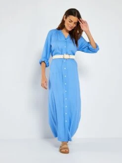 Vestido Largo Con Cuello Panadero - AZUL