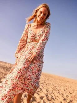 Vestido Largo Con Estampado Y Detalle En El Pecho - BEIGE -Zalaris Tienda vestido largo con estampado y detalle en el pecho beige alz19 1 frb2