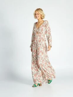 Vestido Largo Con Estampado Y Detalle En El Pecho - BEIGE -Zalaris Tienda vestido largo con estampado y detalle en el pecho beige alz19 1 frb3