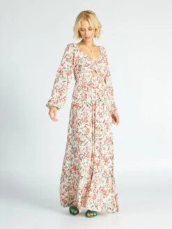 Vestido Largo Con Estampado Y Detalle En El Pecho - BEIGE -Zalaris Tienda vestido largo con estampado y detalle en el pecho beige alz19 1 frb6