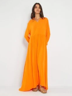 Vestido Largo De Manga Larga - Naranja -Zalaris Tienda vestido largo de manga larga naranja ajo63 1 frb3
