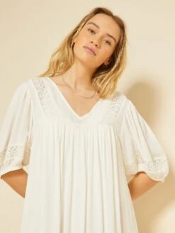 Vestido Largo De Playa De Punto De Crepé Y Bordado - Blanco -Zalaris Tienda vestido largo de playa de punto de crepe y bordado blanco zs030 1 frb4