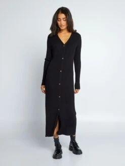 Vestido Largo De Punto De Canalé - Negro