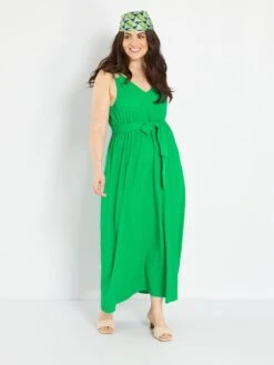 Vestido Largo De Punto De Crepé - Verde Flúor