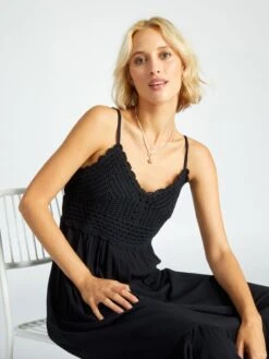 Vestido Largo De Tirantes De Croché Y Crespón - Negro -Zalaris Tienda vestido largo de tirantes de croche y crespon negro adz76 1 frb3