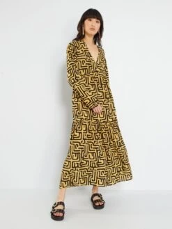 Vestido Largo Estampado - BEIGE -Zalaris Tienda vestido largo estampado beige ame02 5 frb3