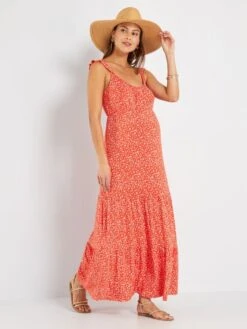 Vestido Largo Estampado Premamá - ROJO