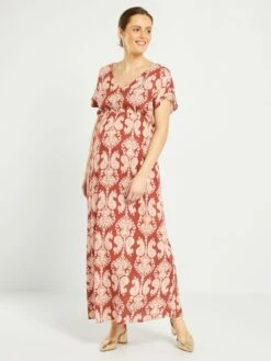 Vestido Largo Premamá Con Cuello De Pico - MARRON -Zalaris Tienda vestido largo premama con cuello de pico marron amy69 1 frb2