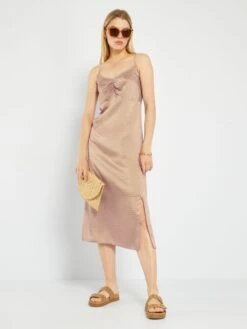 Vestido Largo Satinado Con Estampado - AZUL