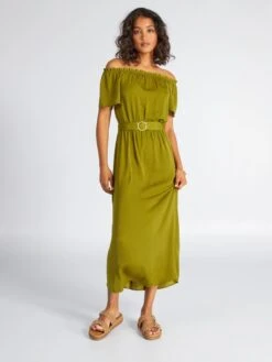 Vestido Midi Con Cuello Bardot - VERDE -Zalaris Tienda vestido midi con cuello bardot verde adz70 5 frb3