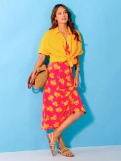 Vestido Midi Cuello De Pico Motivos - ROSA -Zalaris Tienda vestido midi cuello de pico motivos rosa zs955 1 frb2