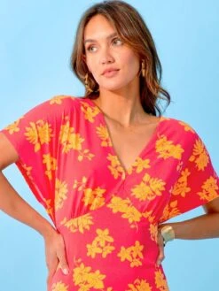 Vestido Midi Cuello De Pico Motivos - ROSA -Zalaris Tienda vestido midi cuello de pico motivos rosa zs955 1 frb4