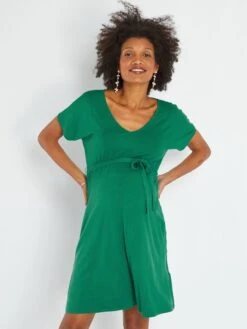 Vestido Premamá Con Cuello De Pico - VERDE