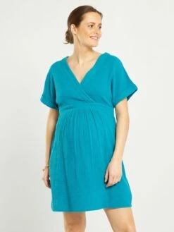 Vestido Premamá De Gasa De Algodón - AZUL -Zalaris Tienda vestido premama de gasa de algodon azul ael70 1 frb2