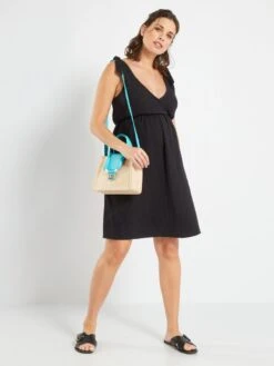 Vestido Premamá De Gasa De Algodón - Negro -Zalaris Tienda vestido premama de gasa de algodon negro zr595 1 frb2