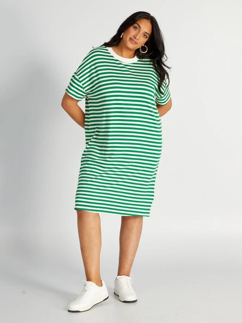 Vestido Tipo Camiseta De Rayas De Manga Corta - VERDE