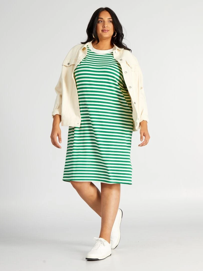 Vestido Tipo Camiseta De Rayas De Manga Corta - VERDE - Imagen 2